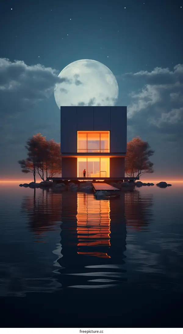 A person standing on a dock in front of a house on a lake at night