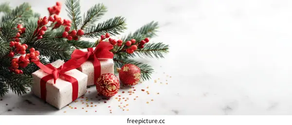 Christmas Decor with Gifts and Ornaments on Marble