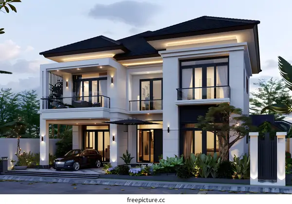Modern Two Story House Design with Black Roof and Large Windows