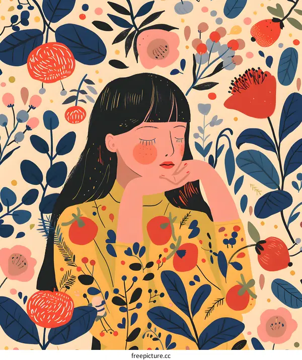 Woman With Closed Eyes Surrounded by Flowers