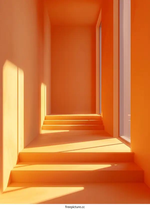 Orange Minimalist Interior with Stairs and Sunlight