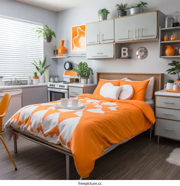 A studio apartment with orange and gray accents