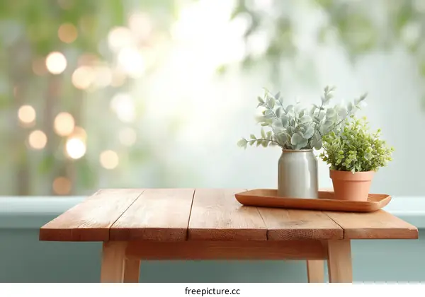 Wooden Tabletop with Plants and Blurred Background