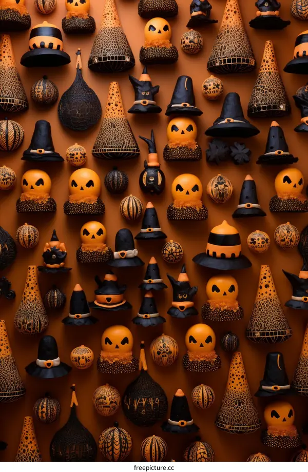 A wall of creepy Halloween decorations including jack-o'-lanterns and witches hats