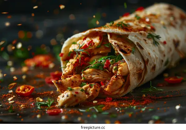 Chicken shawarma wrap with fresh vegetables and spices