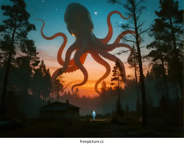 Giant Octopus in Night Forest with Small House and Person