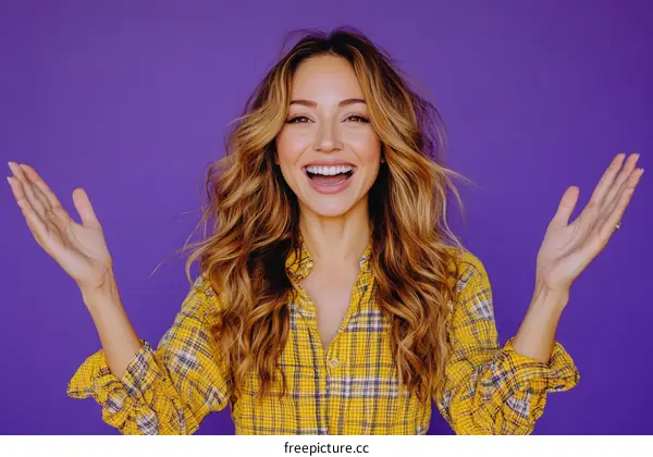 Excited Woman Posing Against Purple Background