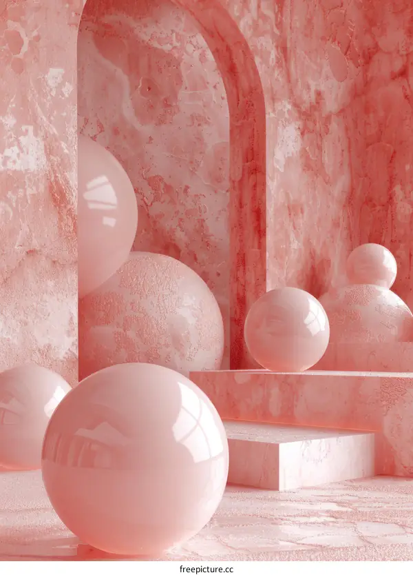 Pink Abstract Background with Spheres on Podiums