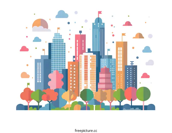 Colorful Cityscape Illustration with Buildings and Trees