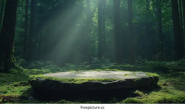 Mystical Forest Ground with Sunlight Beams