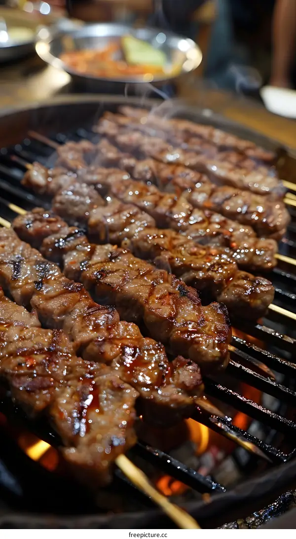 Beef satay on skewers over charcoal grill