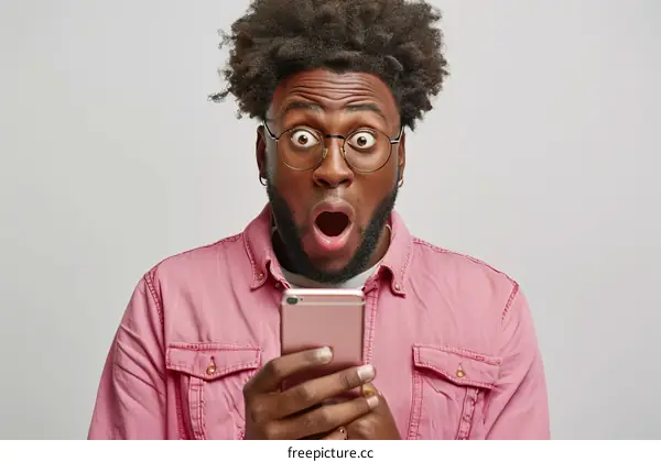 Surprised African American man looking at his phone