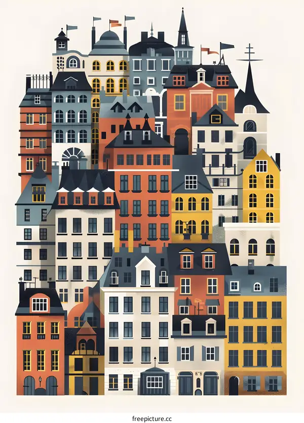 Colorful Cityscape Illustration with Multiple Buildings