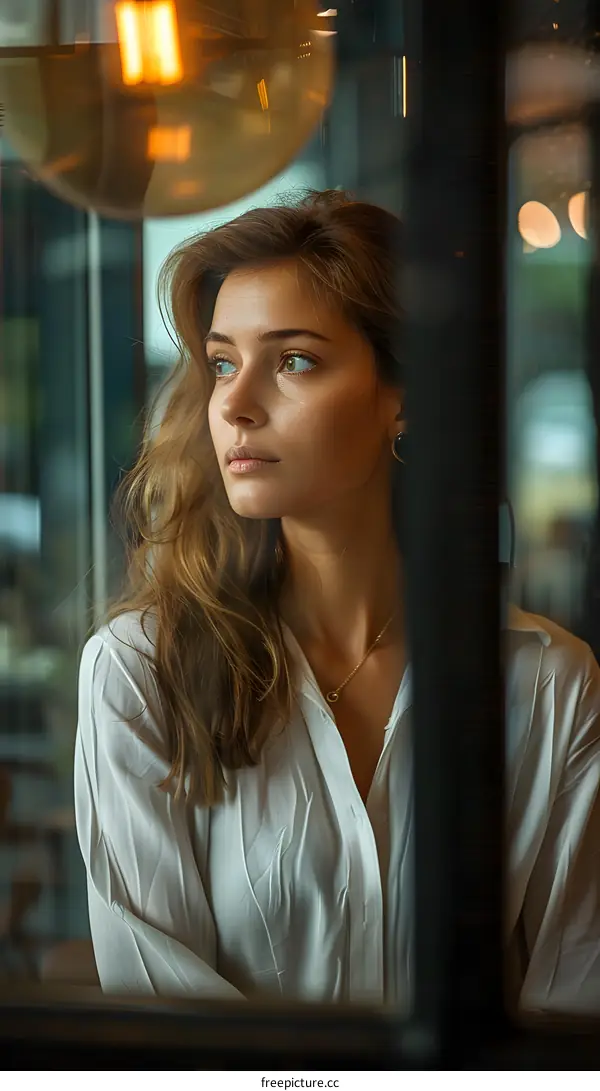 A thoughtful blonde beauty is looking out the window