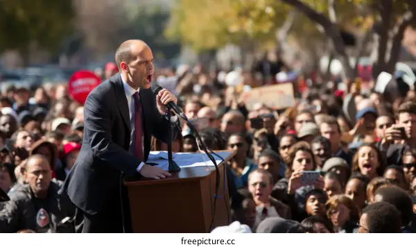 Man giving speech at outdoor protest