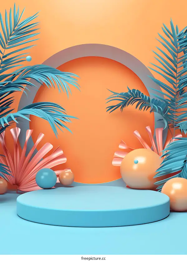 Minimalist Tropical Summer Background with Platform and Palm Leaves