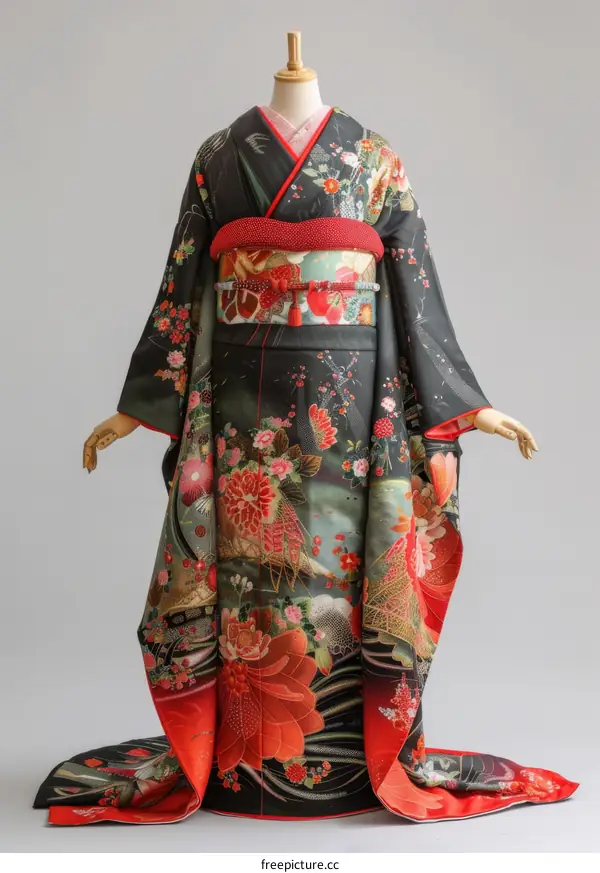 A woman wearing a black kimono with red and gold floral patterns.