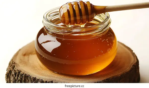 Honey in a Glass Jar on Wooden Slice