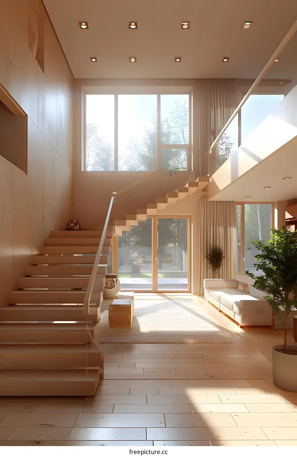 Modern Minimalist Living Room With Wooden Staircase and Large Windows