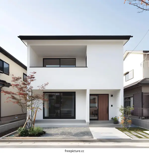 Modern White House Exterior with Balcony and Landscaping