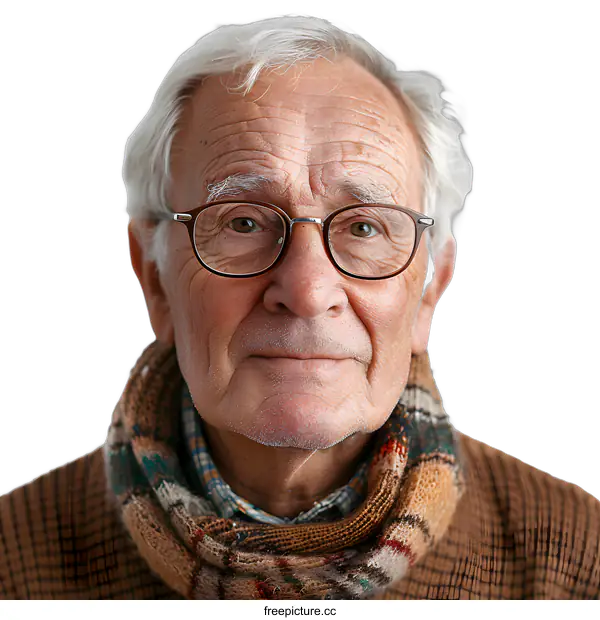 [Transparent Background PNG]Portrait of Elderly Man with Glasses and Scarf