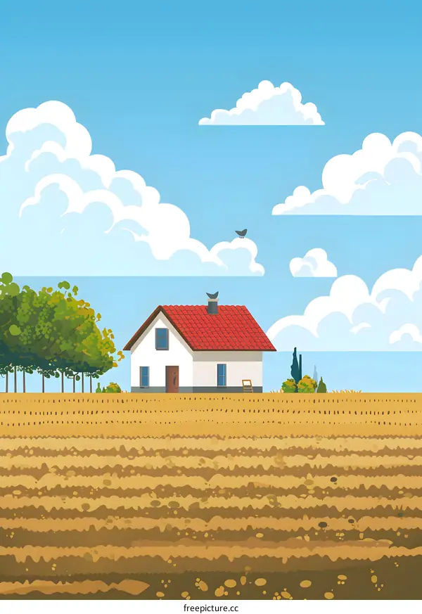 Cartoon Illustration of a Small White House with Red Roof in Front of a Plowed Field with a Blue Sky and White Clouds