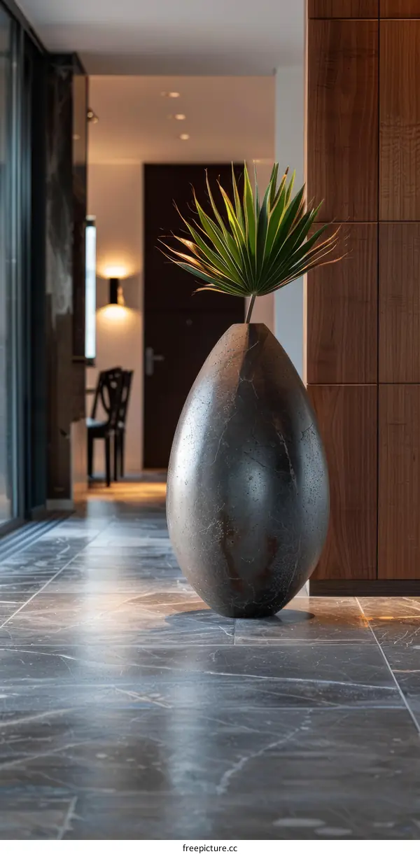 A tall black vase sits on the floor in a modern home