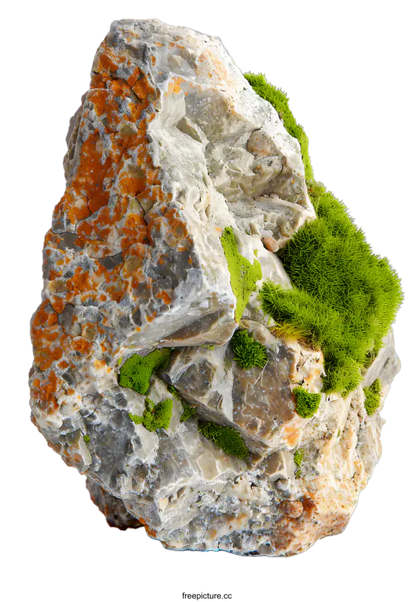[Transparent Background PNG]Green Moss on Rough Grey Rock Texture Isolated on White Background