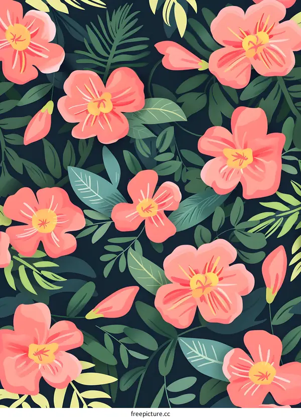 Floral Pattern with Pink Flowers and Green Leaves