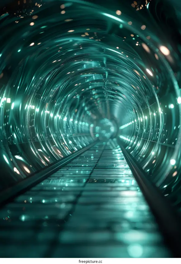 Futuristic glass tunnel with glowing green light