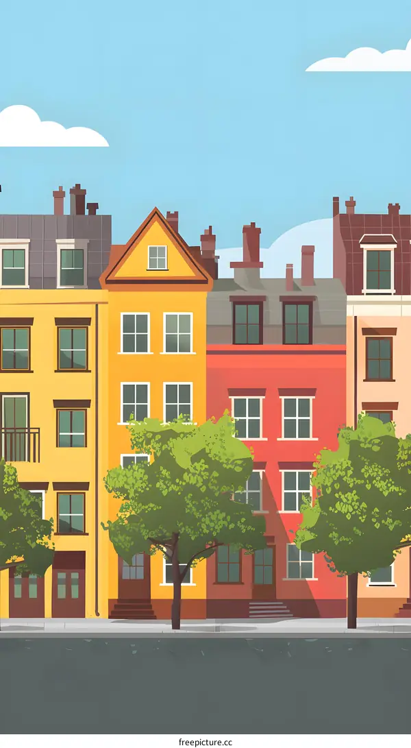 Illustration of Colorful Row Houses with Green Trees