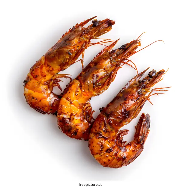 Three grilled shrimps on a white background