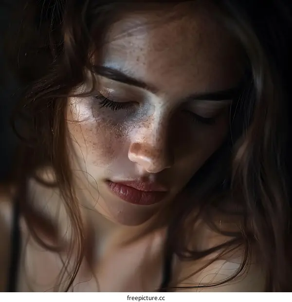 portrait of a beautiful young woman with freckles