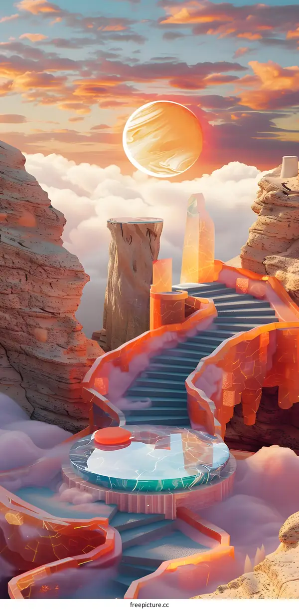 Surreal Landscape With Stairs and Floating Planets