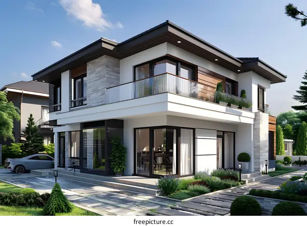 A modern two-story house with a beautiful yard