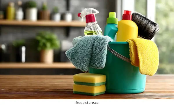 Cleaning Supplies in a Bucket on Wooden Table