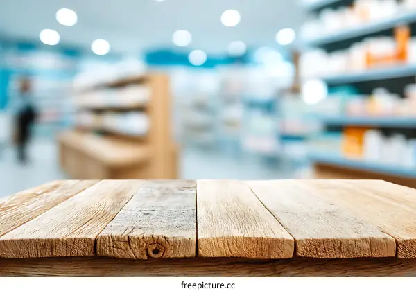 Wooden Tabletop in Pharmacy Background