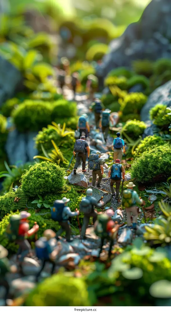 Miniature People Hiking Through Mossy Forest