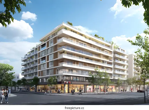 Modern Apartment Building With Shops and People Walking By