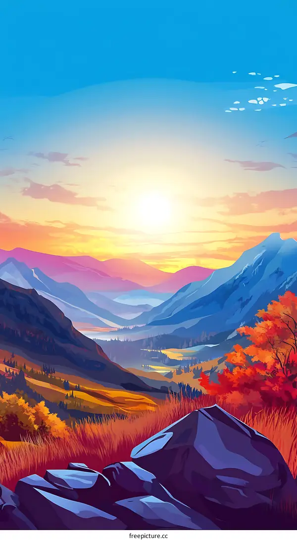 Vibrant Landscape Painting with Mountains and Sunset