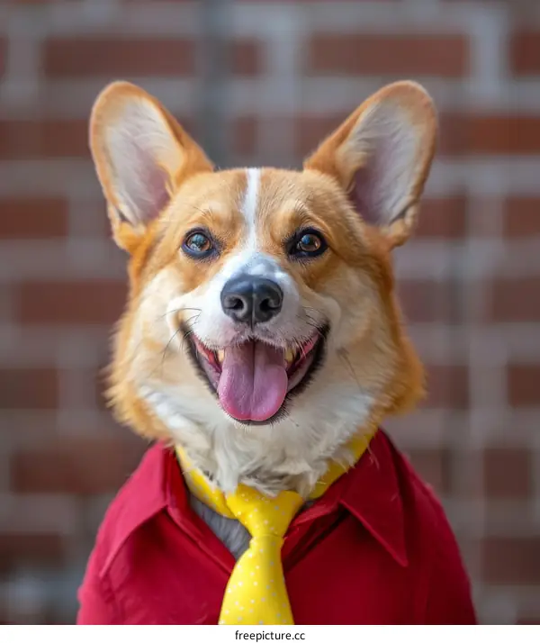 A happy corgi dog wearing a red shirt and yellow tie
