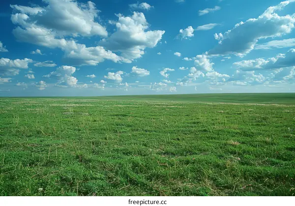 Grassland under blue sky and white clouds