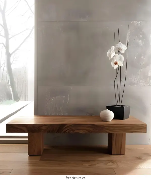 Modern Wooden Coffee Table with Orchid and White Pot