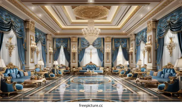 Blue and gold luxury living room interior design