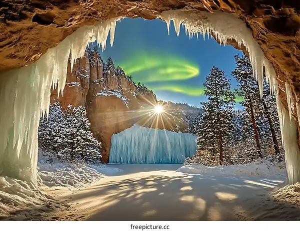 Frozen Waterfall View From Cave Entrance