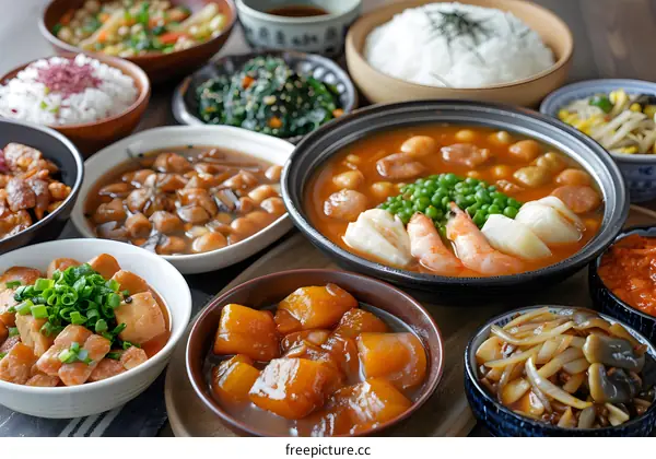 Japanese Cuisine Table with Variety of Dishes