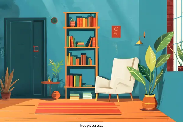 Cozy Living Room with Bookshelf and Armchair