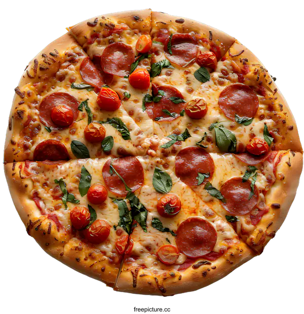 [Transparent Background PNG]Delicious Pepperoni Pizza with Fresh Basil and Tomatoes