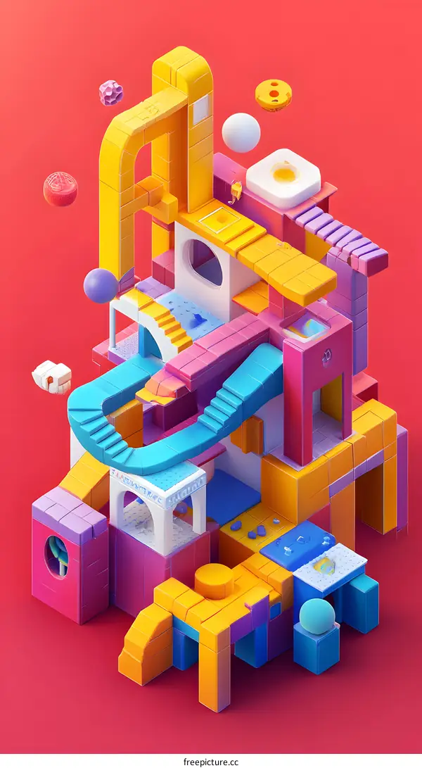 3D Rendered Abstract Illustration of a Building Made From Colorful Blocks
