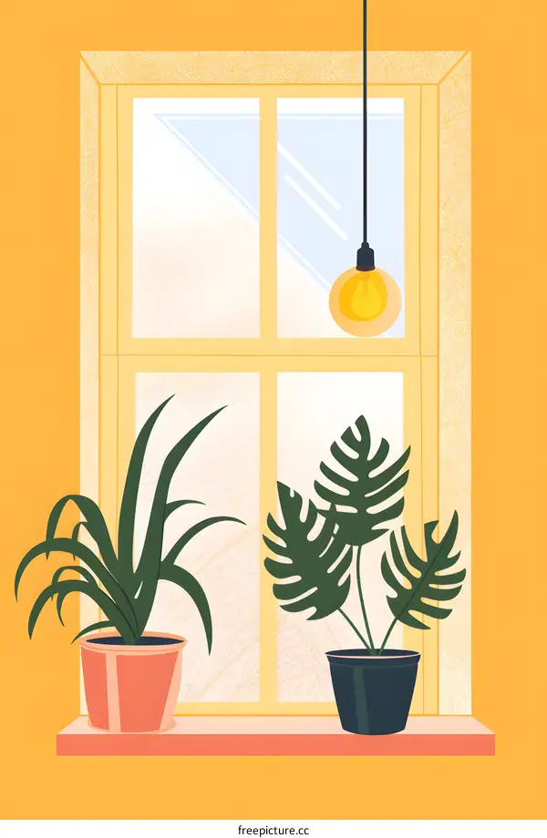 Window With Plants and Hanging Light Bulb